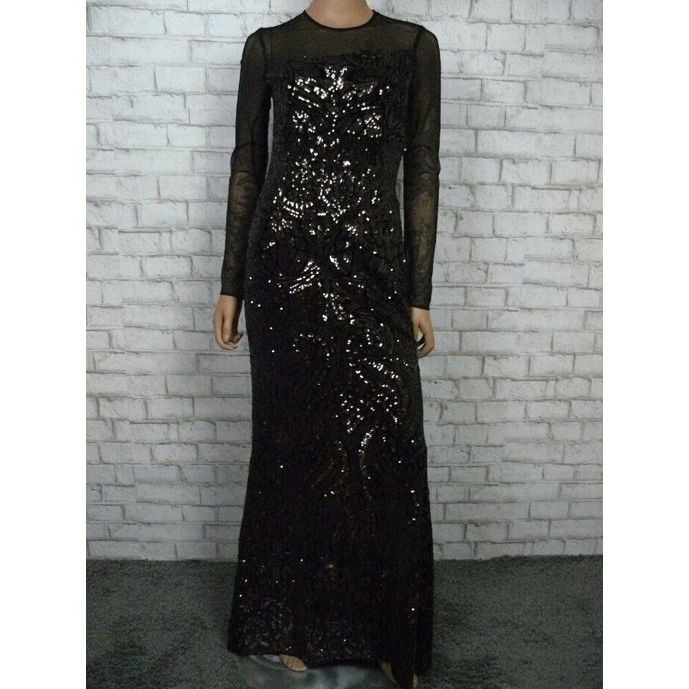 Betsy & Adam Black Velvet Bronze Sequin Long Sleeve Fitted Gown 4 NEW - Picture 4 of 12
